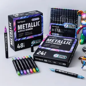 Languo Metal Color Acrylic Marker Set, Acrylic Paint Pens, 12/24/48 Rich Colors, Brush Head & Hard Tip, Suitable for Adults, Artists, Painting, Coloring