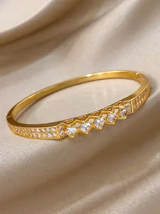1 pc Trendy Gold Plated Bangle with Sparkling Zircon, Fashion Non Tarnish Cuff Bracelet for Women, Daily & Party Wear Jewelry