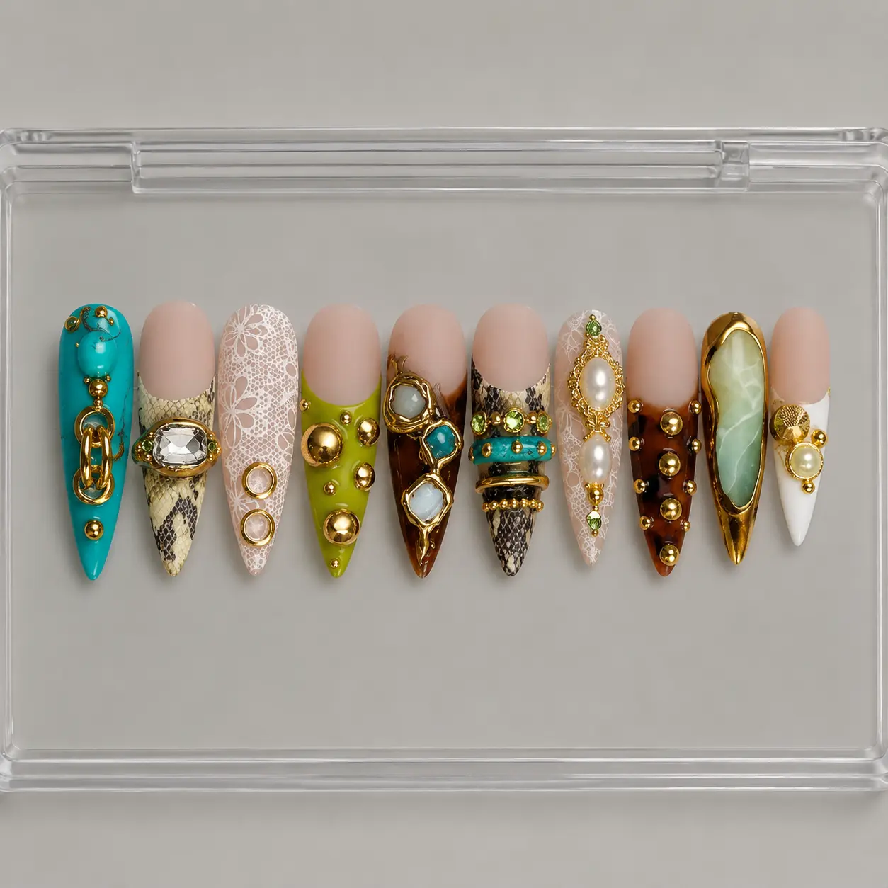 Handmade Boho Jewelry Press On Nails | Luxury 3D Turquoise & Emerald Nail Art | Exotic Snakeskin and Lace False Nails
