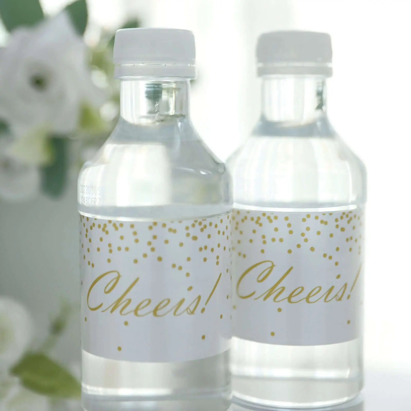 24-Pack White/Gold "Cheers" Waterproof Water Bottle Labels, Office Stationery Adhesive Single-Side Print Stickers for Party, Birthday Party, Corporate Events, Table Decoration