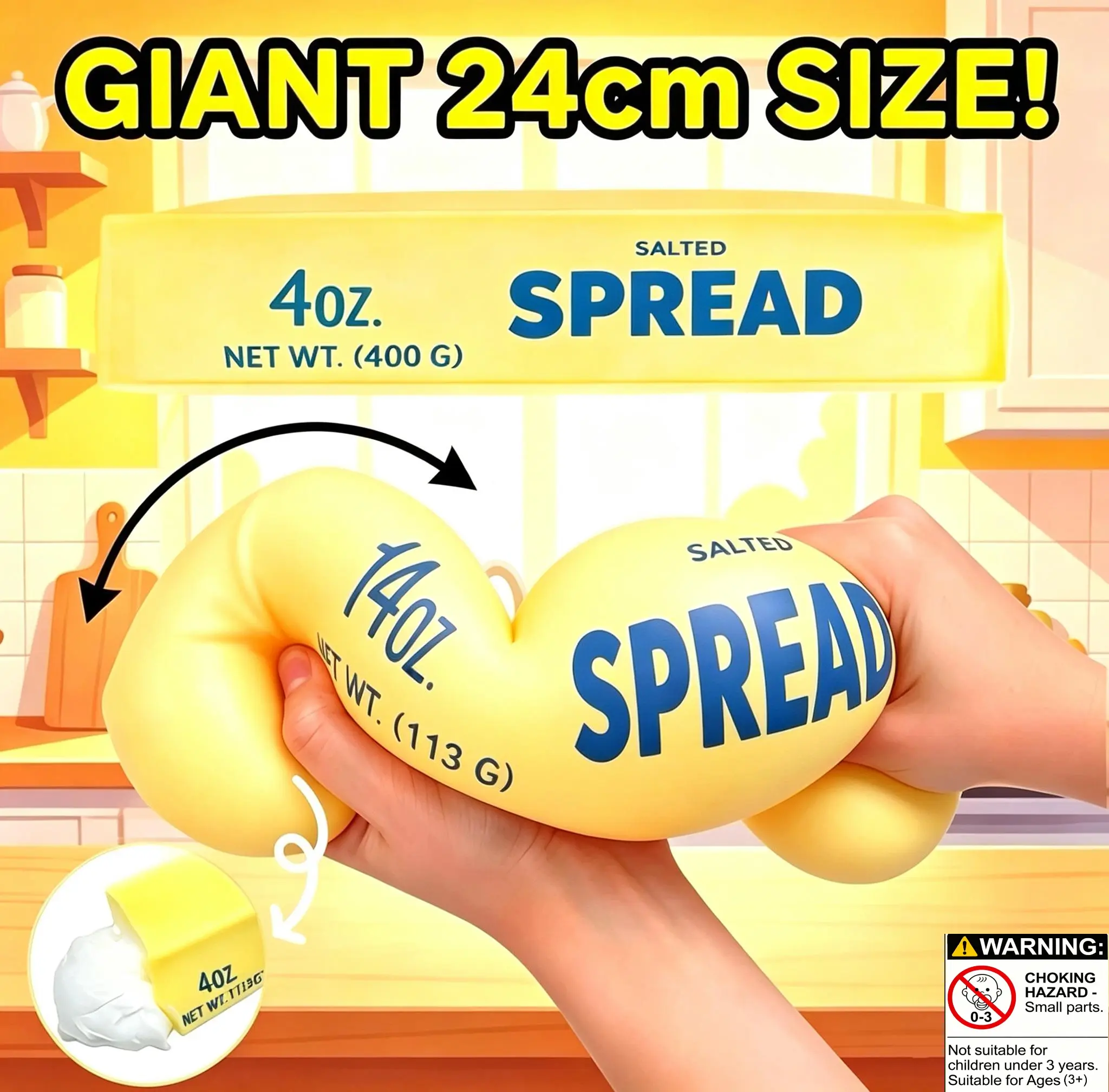 Fidget Squish Toy, Giant Super Soft Wet Texture Butter Stick Squeeze Toy, 24cm Large TPR Pinch Toy with Simulated Internal Stuffing, Cute Play Item for Student Classroom Daily Play