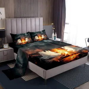 Feelyou Halloween Ghost Print Bedding Sheet Set - Soft Microfiber Fabric, Breathable Fitted Sheet with 16" Deep Pockets, Ideal for Kids, Bonfire Camping Room Decor (fits 16")
