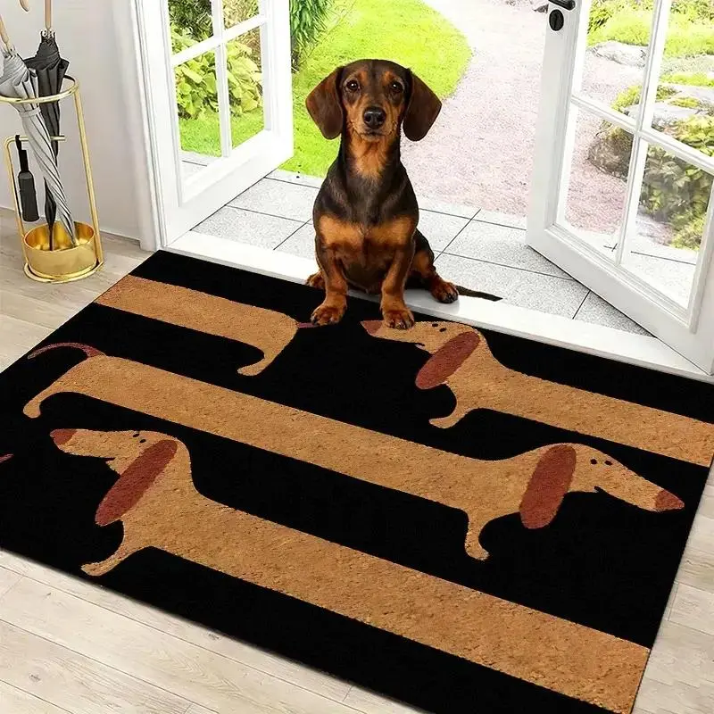 Dachshund Print Doormat - Non-Slip Black Retro Look Indoor Outdoor Rugs, Washable Dust-Resistant Fabric Front Door Rug for Porch Farmhouse Decor