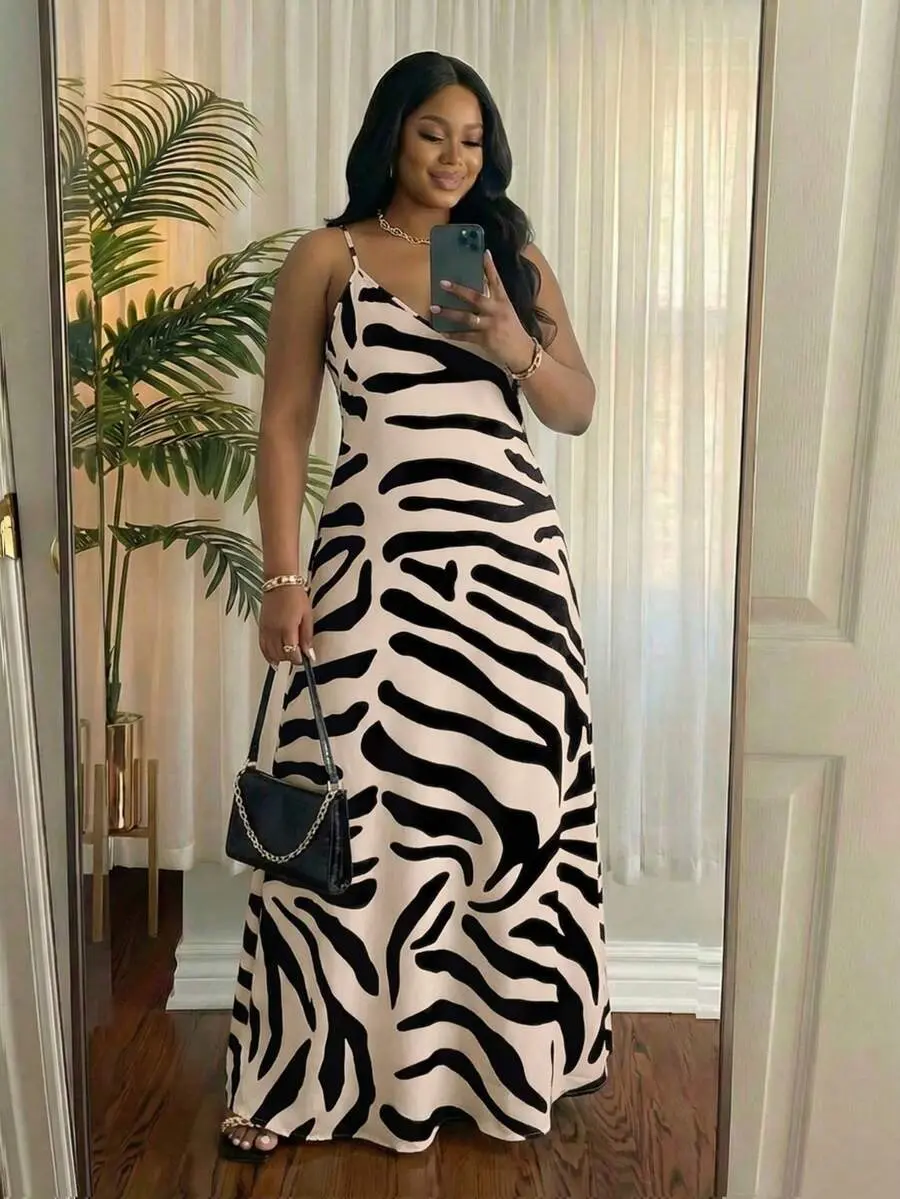 Lady CURVE Plus Size Zebra Print Maxi Dress, Sleeveless Elegant Beige Animal Print Summer Dresses For Women, Holiday Wedding Evening Vacation Outfit, Curve