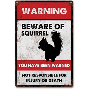 1pc Humorous Squirrel Warning Sign 8x12 Aluminum Wall Decor Black Squirrel Silhouette Red White Distressed Design for Home Garden Outdoor Spaces Squirrel Gifts