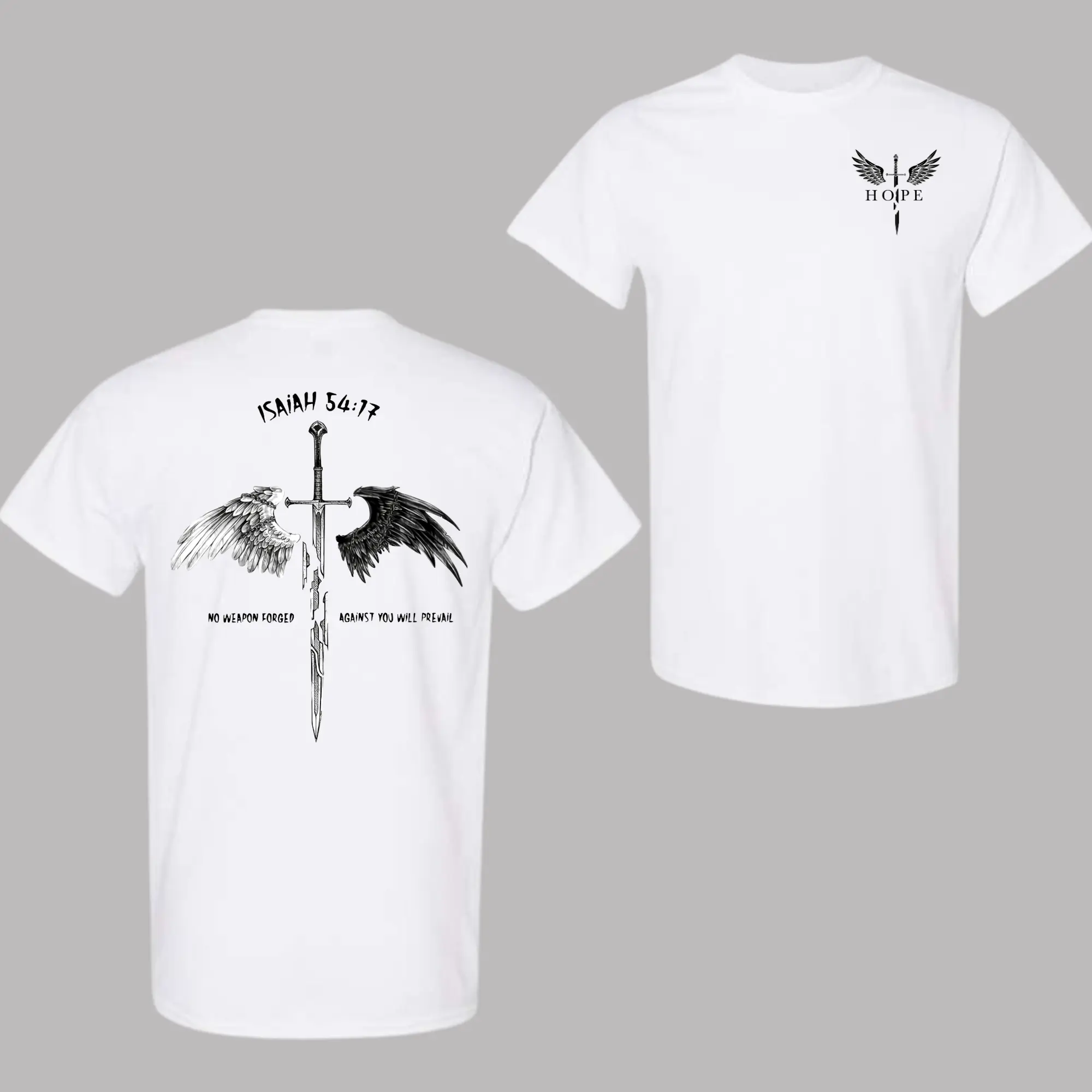 Isaiah 5417 Bible Verse T-Shirt, Christian Sword & Wings Graphic Tee, No Weapon Shall Prevail Faith Shirt, Religious Streetwear Unisex Top, Trendy Shirt
