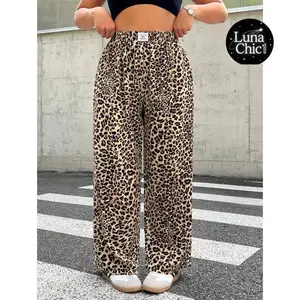 Plus Size Women Print Woven Fabric Casual Highwaist Wide Leg Pants With Pockets, Versatile Loose Trousers For Commuting And Daily Wear Fit Womenswear