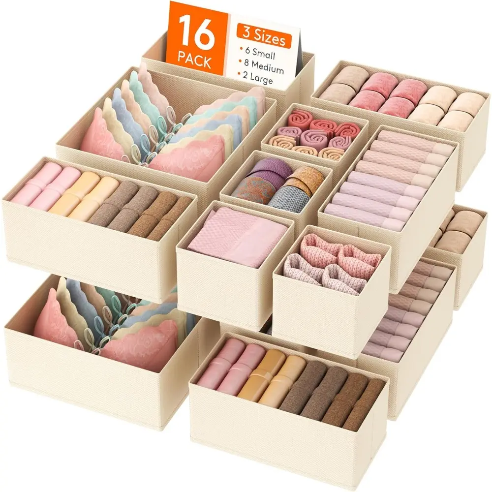 Foldable Multi-Size Fabric Drawer Organizer 16 Boxes - 2 x 11"x11"x4.7", 6 x 5.5"x5.5"x4.7" Space-Saving Inserts for Bedroom Closet Clothing, Socks Storage