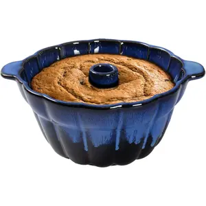 9.5 Inch Fluted Stoneware Cake Pan, Pound Cake Baking Pan Perfect for Baking Delicious Cakes (Dark Blue)