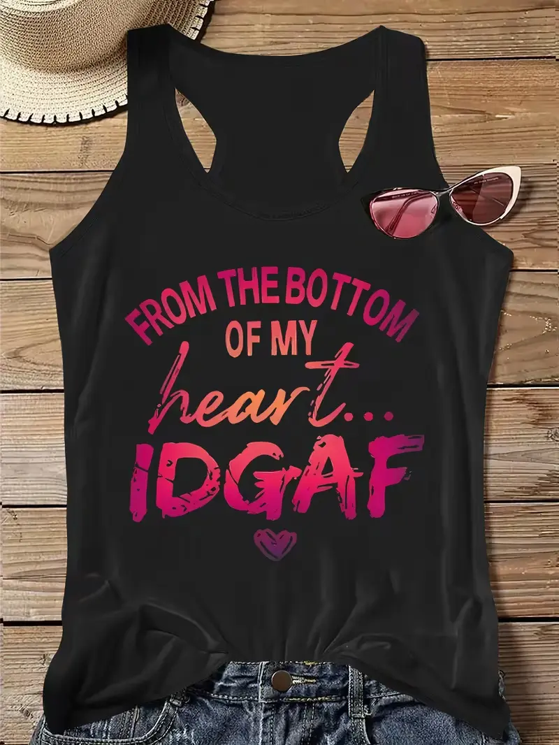Women's Sleeveless Sassy Quote Racerback Tank Top - Breathable, Gradient, Soft Women's Clothes, Comfortable Lightweight Fabric, Flattering Fit Single-Piece Statement Top with "From The Bottom Of My Heart... IDGAF" Print