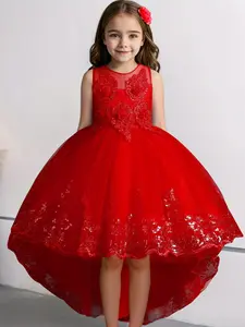 Girl's Contrast Sequin Appliques High Low Hem Quality Tulle Material Party Dress, Elegant Sleeveless Style Round Neck Fit & Flare Dress for Party Performance Show Wear, Kids Clothes for All Seasons, Party Dress for Girls