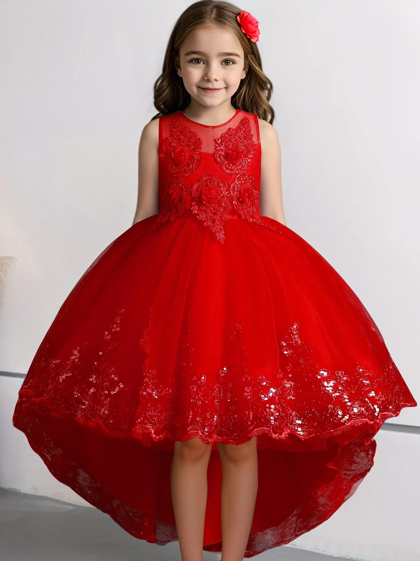 Girl's Contrast Sequin Appliques High Low Hem Tulle Party Dress, Elegant Sleeveless Round Neck Fit & Flare Tutu Dress for Party Performance Show Wear,