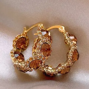 Fashionable Artificial Crystal Hoop Earrings for Women Lightweight Trendy Jewelry in Rich Coffee Tone for Party & Daily Wear