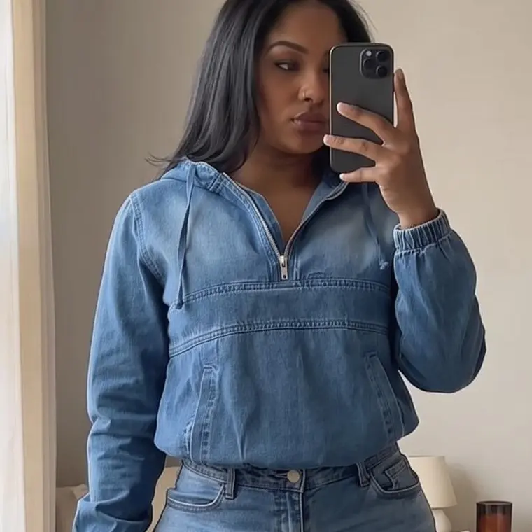 【Plus Size】Women's Half Zip Denim Hoodie Pullover Jacket Loose Fit Washed Jean Tops Casual Streetwear Oversized Crop Top Trendy