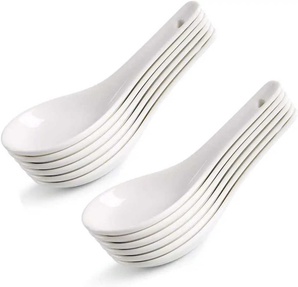 12 Pack Asian Ceramic Soup Spoons, Deep Spoons for Pho, Ramen, Miso & Wonton, Japanese Chinese Spoons for Noodles & Everyday Dining