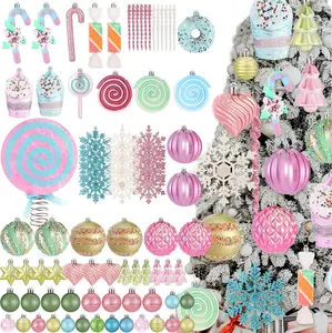 82 Pcs Pastel Christmas Tree Ornaments Set Candy Land Christmas Tree Topper Dessert Candy Xmas Balls Ornaments for Home Indoor Party Gifts Xmas Holiday Cupcake Donut Snowflake Decor