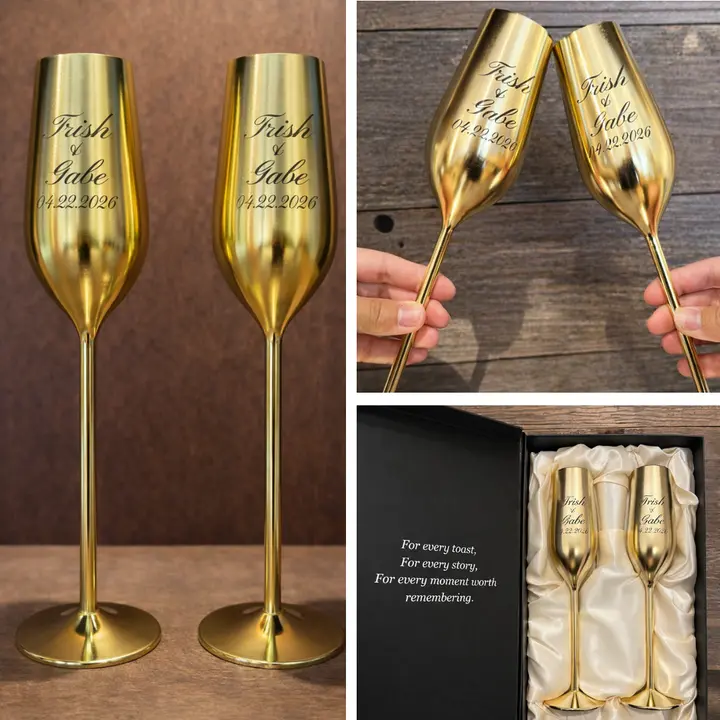 Engraved Gold Personalized Champagne Flutes - Set of 2, 7.5 oz (221.80 ml) Kitchenware Drinkware Glasses anniversary Customizable Toasting Flute Set