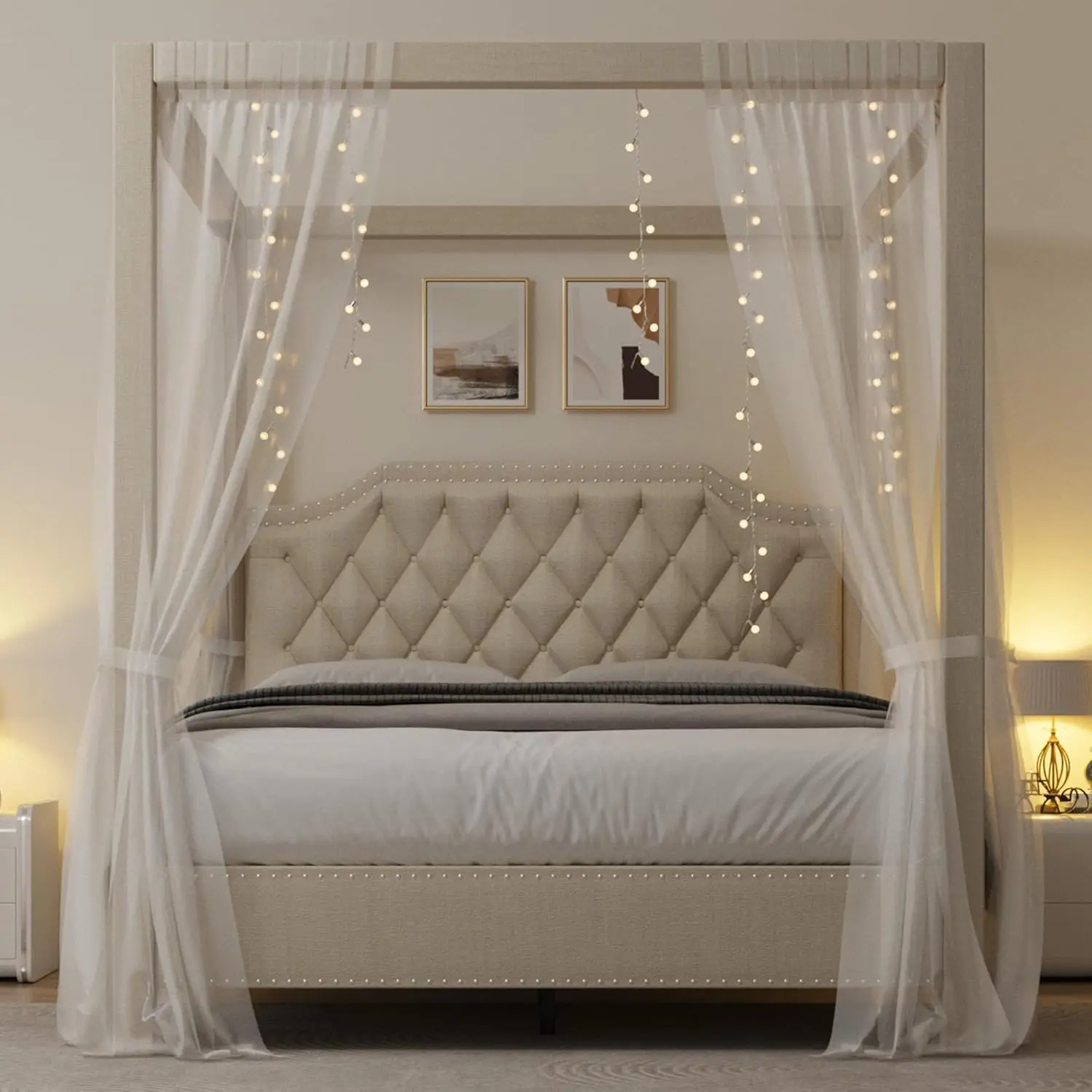 Full Size Upholstered Canopy Metal Bed Frame - Nailhead Decoration Headboard, Poles, 4-Corner Bed Bracket, Solid Wood Slats Support, Noise-Free Design, No Box Spring Required, Beige, Metal Bed Frames