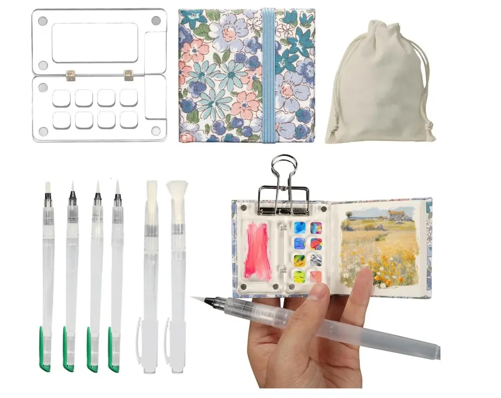 Mini Portable Watercolor Palette Set,Pocket Artist Watercolor Paper Pad Watercolor Sketch Book Travel Set,Watercolor Brushs with Binder Clips for Painters Artists Students (Purple Flowers)