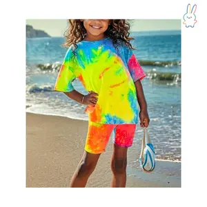 ERT-[Customer Favorite, Outfit] Comfy Tie-Dye Print Girls' Casual Summer Outfit Set |     Polyester Blend, Round Neck Tee & Shorts for Ages 1-8 - Perfect for Outdoor