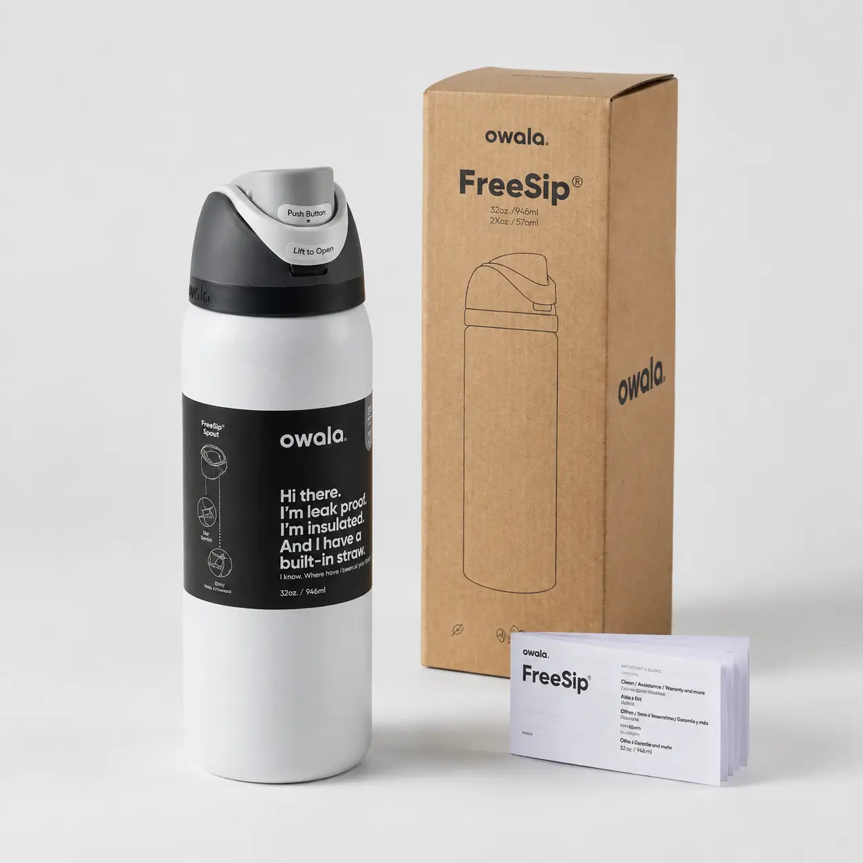 Owala FreeSip Insulated Stainless Steel Water Bottle 32oz, Leak Proof Push Button Lid with Built-In Straw, BPA Free Travel Sports Water Flask, Keeps Cold 24 Hours, Cup Holder Friendly
