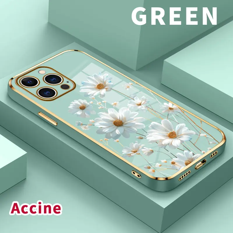 Daisy Delight Dream Luxury Plating TPU Silicone Glossy Anti-Oil Phone Case for iPhone 15 Pro Max 17 16 14 Plus 13 12 11 Soft Protective Cover Shell
