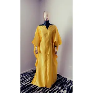 Bubu Kaftan Silk Off Shoulders w/ Split Yellow Dress