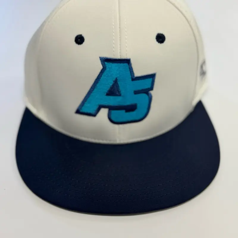 A5 Fitted Hats - White with Blue Logo and Navy Brim Adjustable Cap for Men, Women, and Kids