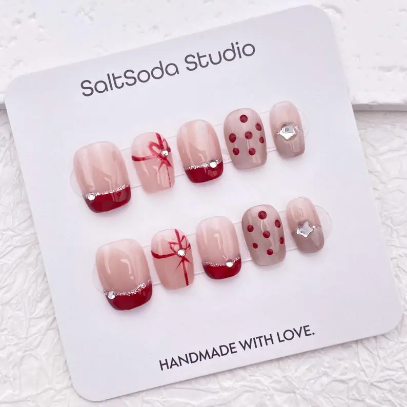 Handmade Polka Dot Press On Nails: Red French Tip, Short Coffin Nail