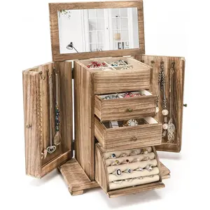 Box for Women, Rustic Wooden  Boxes & Organizers with Mirror, 4 Layer  Organizer Box Display for Rings Earrings Necklaces Bracelets (Rustic Brown)