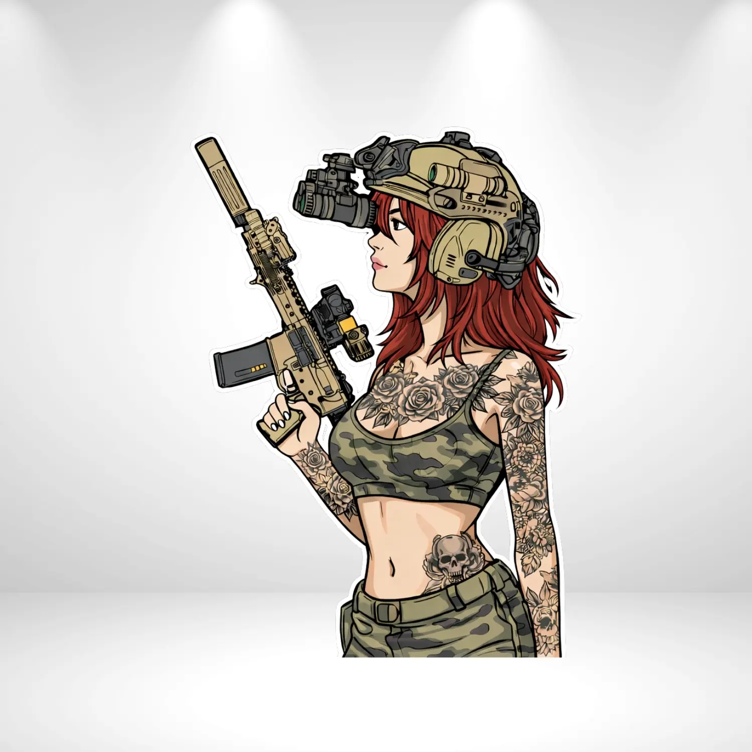Anime Tactical Girl Sticker – Military Aesthetic Tattoo Girl Vinyl Decal
