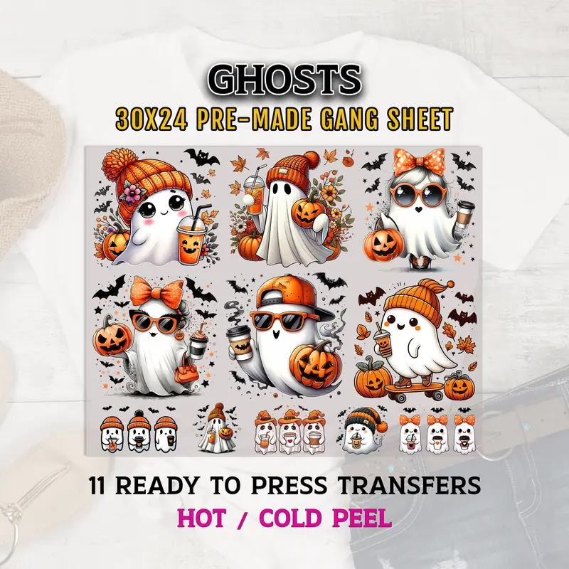 Ghosts Gang Sheet, Halloween DTF Transfer, Ghosts Ready To Press, DTF Transfer Ready For Press, Halloween Premade Gang Sheet, Cute Ghosts Dtf
