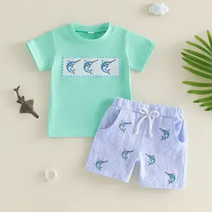Boys Summer Shorts Sets Short Sleeve O Neck Fish Embroidery Tops and Striped Shorts