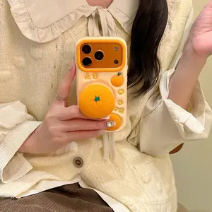 3D Orange Fruit Protective Cellphone Case For iPhone 17, 16, 15, 14 Plus, 13, 12 Pro Max Soft Silicone Case with Retractable Stand Protector