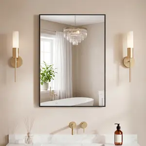Square Corner Rectangular Bathroom Mirror, Brushed Aluminum Matte Black Frame Wall Mirror for Over Sink Living Room Entryway