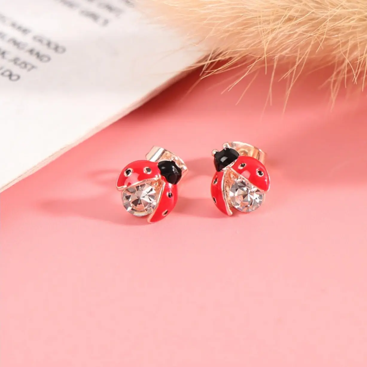 Elegant Rose Plated Mini Ladybug Sparkling Stud Earrings