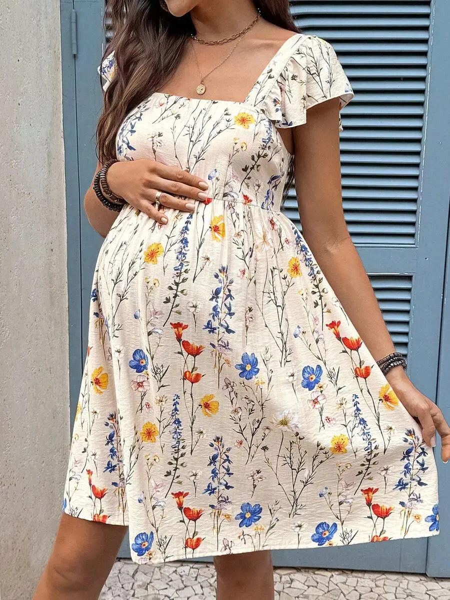 Maternity Floral Print Square Neck Dress Summer Dresses Beach Outfits Vacation Outfits Work Outfits  Ruffle Dress Floral Dress
