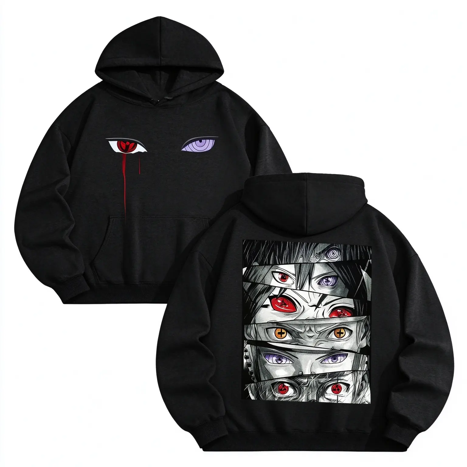 Oversized Vintage Acid Wash Anime Hoodie, Double Sided Eye Panel Graphic Sweatshirt, Dark Ninja Anime Inspired Pullover, Unisex Y2K Grunge Streetwear, Fall Winter Fleece Hooded Top, Loose Shoulder Casual Outfit, Couple Matching Manga Fan Harajuku Jacket