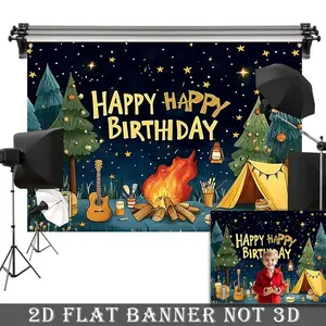2D Flat Banner, 1pc Festive Campfire Birthday Party Backdrop, Polyester Photography Background with Starry Night, Tent, Guitar, and S'mores - Ideal for Christmas, New Year, Valentine'S Day, and More, Birthday Party Decor | Starry Night Theme