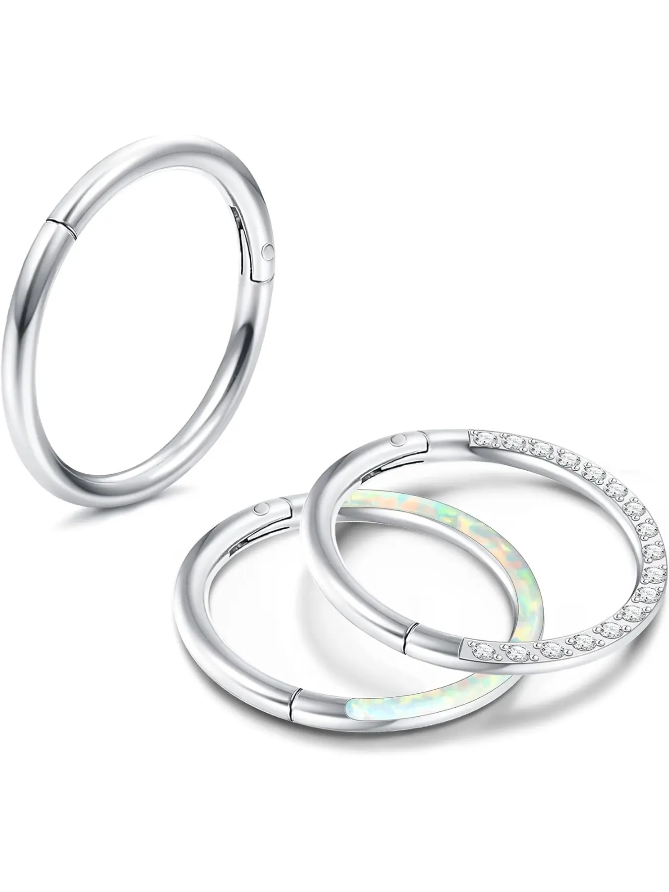 16G 18G Septum Rings for Women  Steel Nose Rings Hoop Hinged Nose Hoops | Opal CZ Clicker Hinged Nose Rings | Daith Helix Conch Cartilage Hoop Body Piercing Jewelry | 8/10/12mm | 3Pcs