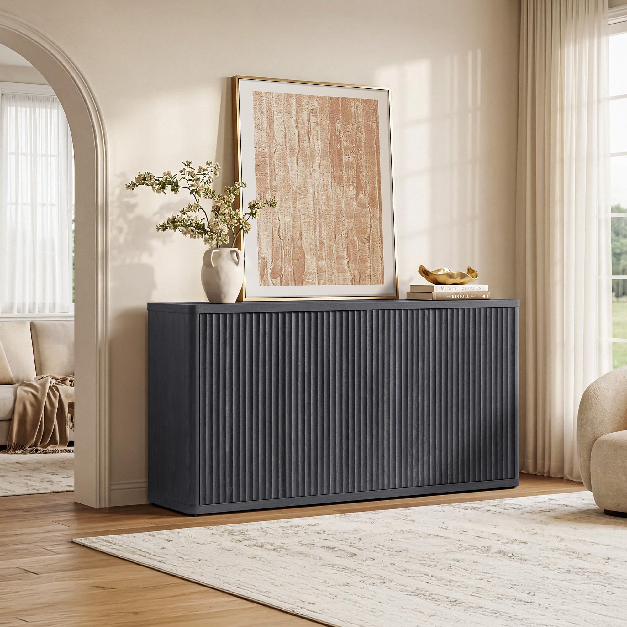 SICOTAS Modern Long Fluted TV Stand - Single Unit Media Console with Storage, Solid Base Entertainment Center for 65" TVs, Living Room Furniture, Storage Space