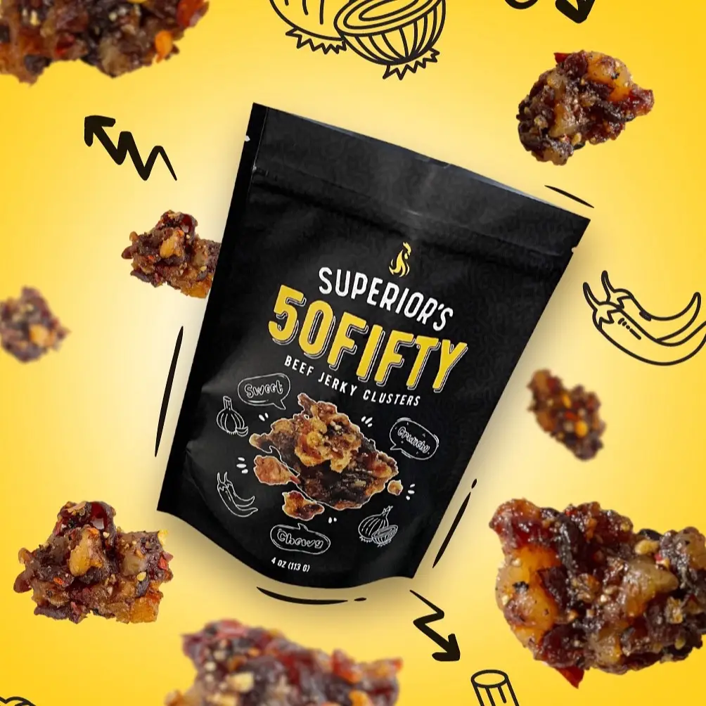 50FIFTY • BEEF JERKY CLUSTERS • SWEET • SPICY Crunchy 4 oz