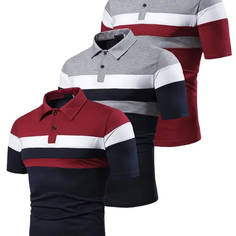 Men's Colorblock Short-Sleeve Knitted Shirt, Regular-Fit Casual Button-Front Polo Top Summer Polo Shirts for Summer Daily Wear