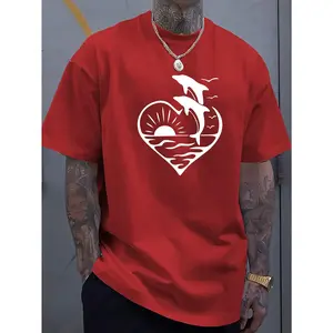 Simple and fashionable dolphin heart pattern printed men's round neck short sleeved T-shirt, comfortable and breathable casual sports top suitable for spring and summer vacation leisure