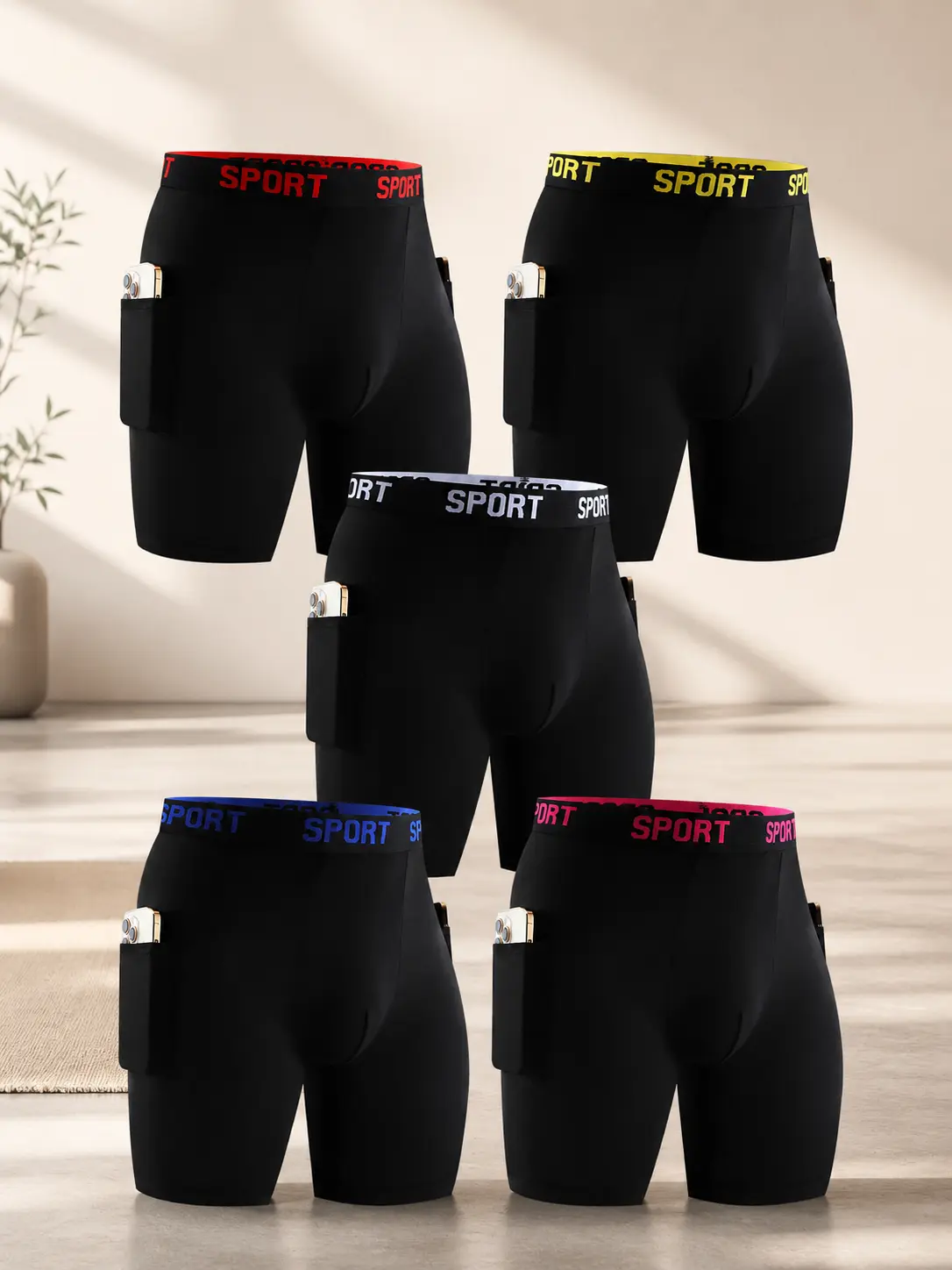 5 Pack Men’s Boxer Briefs with Pockets, Breathable Quick Dry Stretch Underwear, Elastic Waist Sports Boxers for Running & Fitness