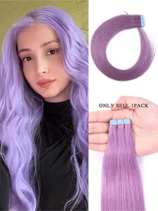 10 Pieces Double-Sided Invisible Seamless Tape-In Glueless Human Hair Extensions – Natural Straight Style Available in Violet, Dark Blue, Dusty Pink and Lime Green