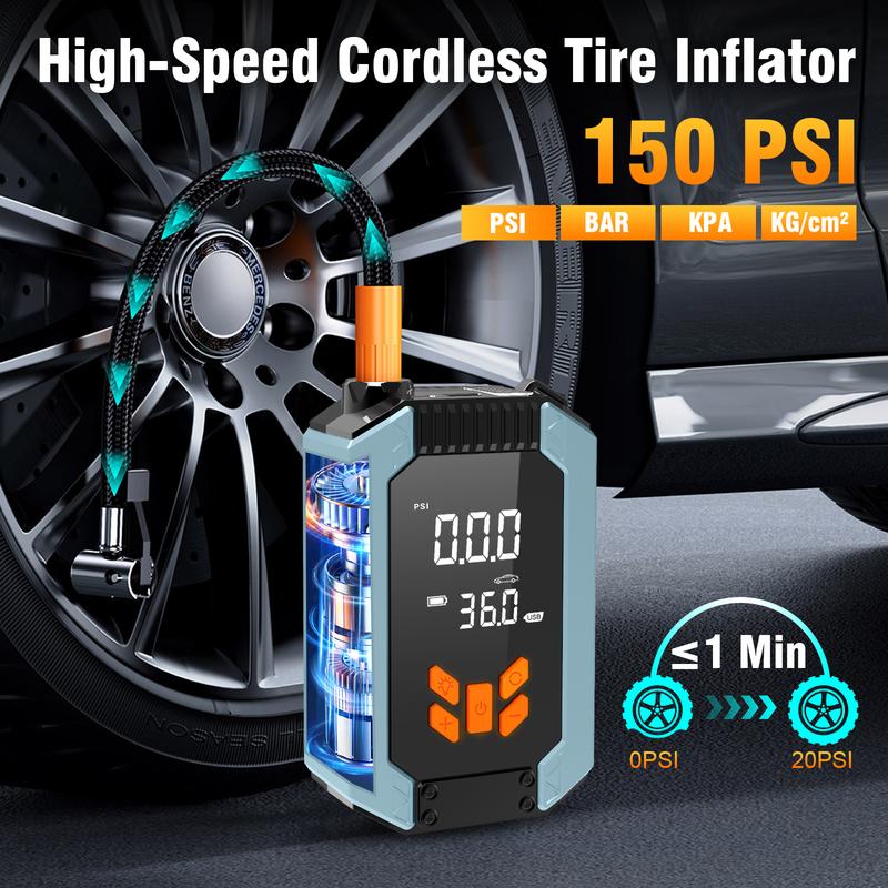 Portable Car Jump Starter with Air Compressor, 12V Battery Booster for 6L Gas/3L DL, 1000A 150PSI Tire Inflator, Smart Jumper Cables, LED Flashlight, LCD & Tire Pressure Display