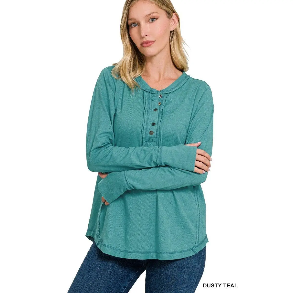 Zenana Thumb Hole Cuffs Button Closure Long Sleeve Top