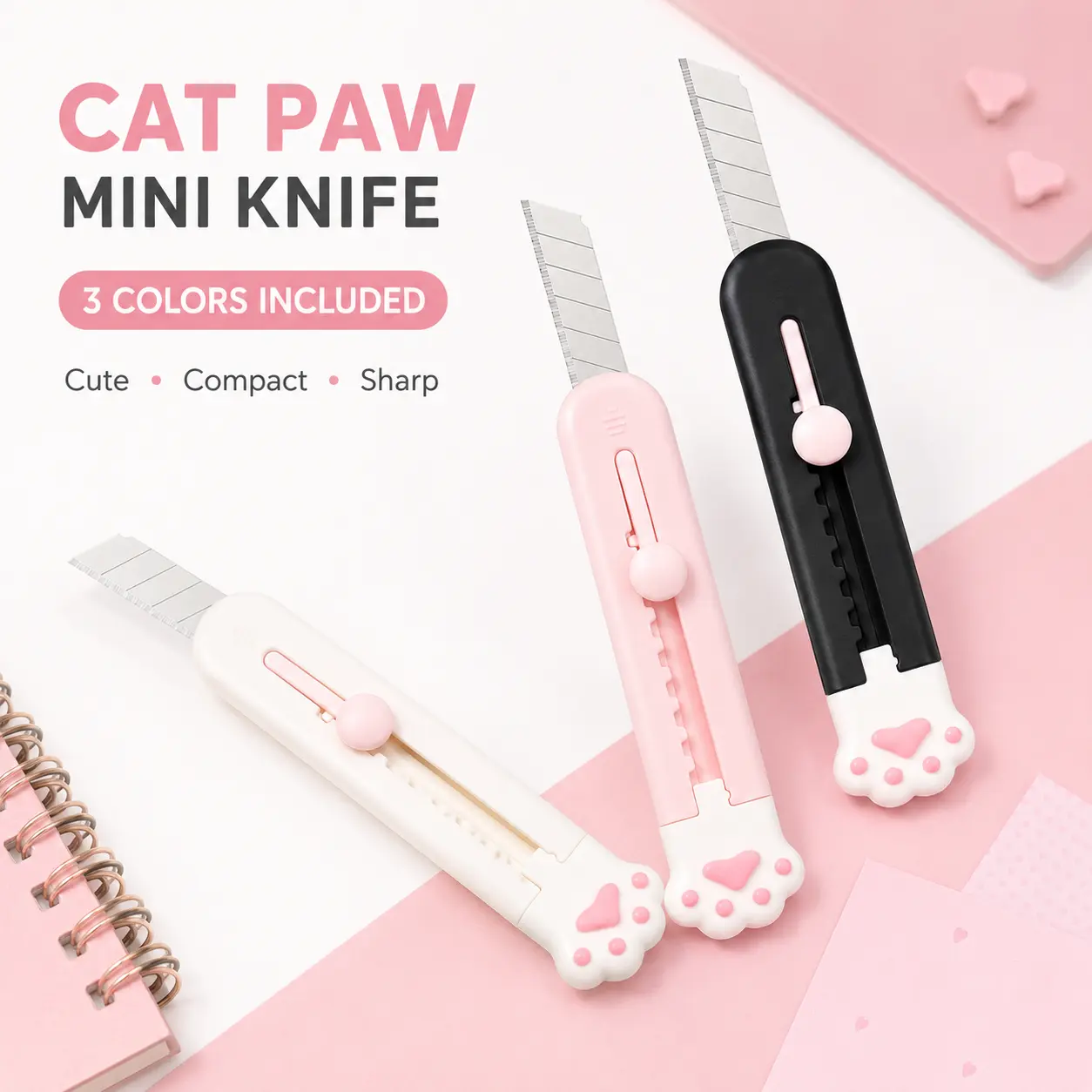 Cute Cat-Paw Design Box Cutter, 3-Pack Portable Mini Decorative Paper Cutter, Craft Cutting Tool, Office Cutting Supply for Office, Scrapbooking, Crafts, and Gift Wrapping - MM2