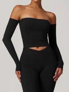 Women's Solid Off Shoulder Sports Tee, Casual Sporty Long Sleeve T-Shirt for Yoga Gym Workout Running, Ladies Sportswear for All Seasons, Athletic Workout Clothing, Gym Yoga Outfit